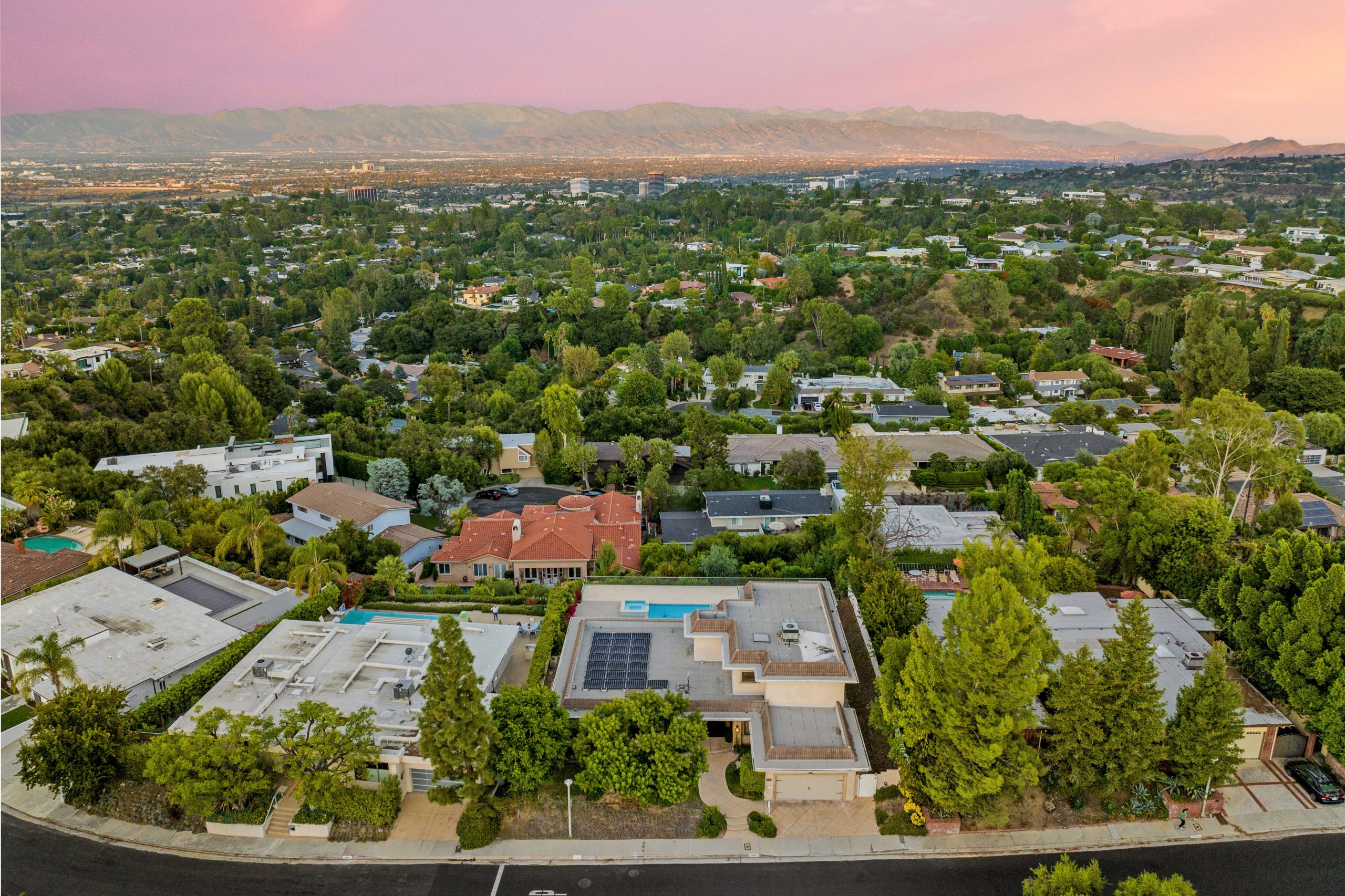 Los Angeles suburbs framed by scenic mountains in Encino, California